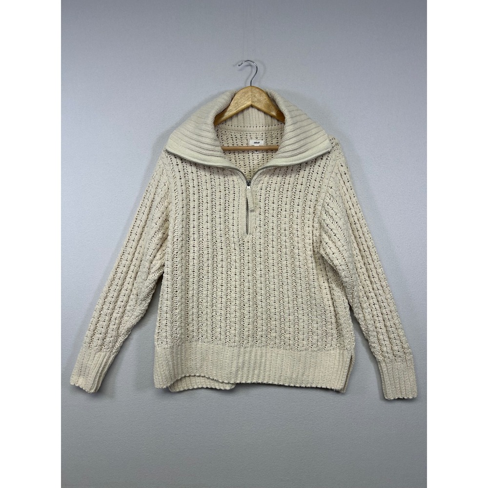 Cozy Chenille Aerie Womens XS Cream Quarter Zip Oversized Collar Knit Sweater